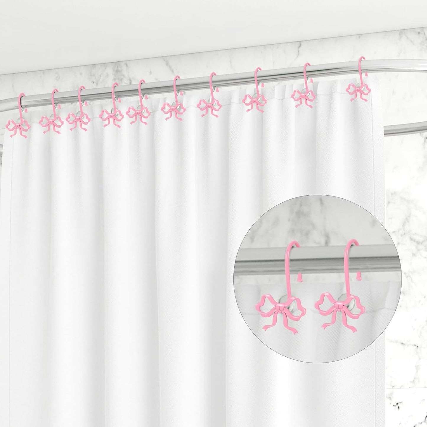 Whaline 12Pcs Pink Bow Shower Curtain Hooks Shower Rings Bow Knot Metal Curtain Hanger Hooks for Home Nursery Living Room Bedroom Bathroom Decor