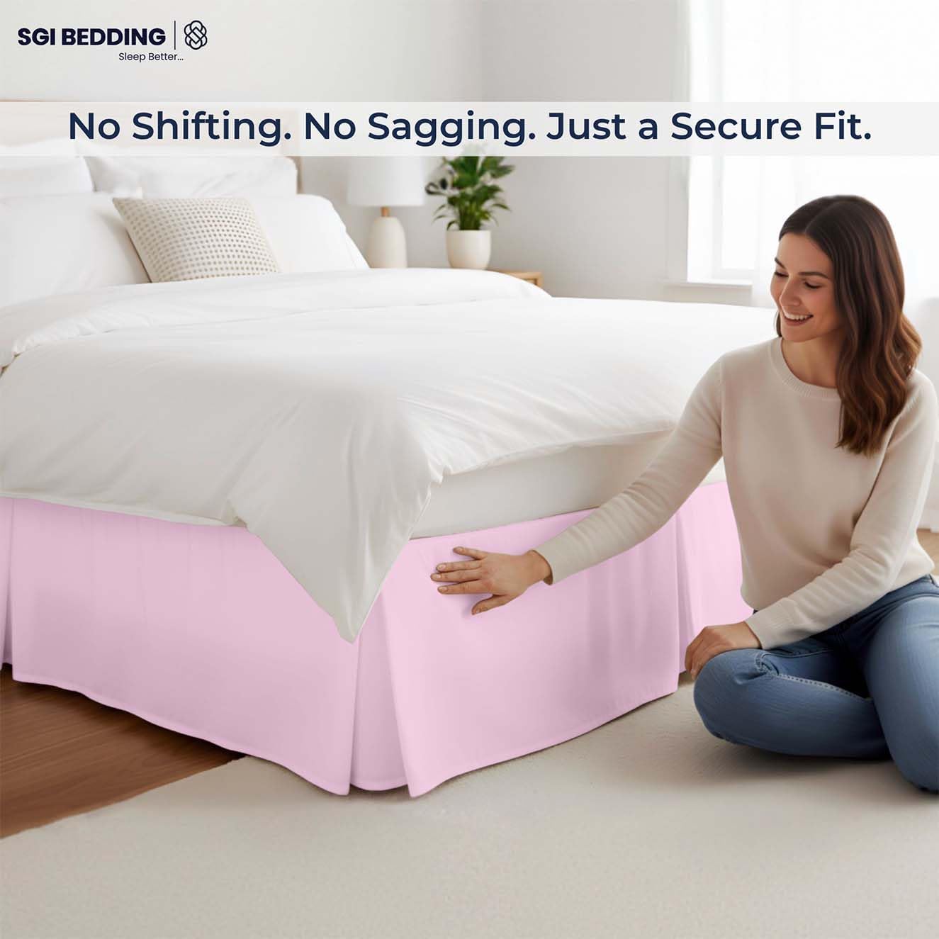 SGI bedding 15 inch Drop Bed Skirt Queen Size Platform Style with Secure Fit, Classic Tailored Look, Elegant Pleated Style Dust Ruffle, Split Corners, Wrinkle Resistant Microfiber - Pink