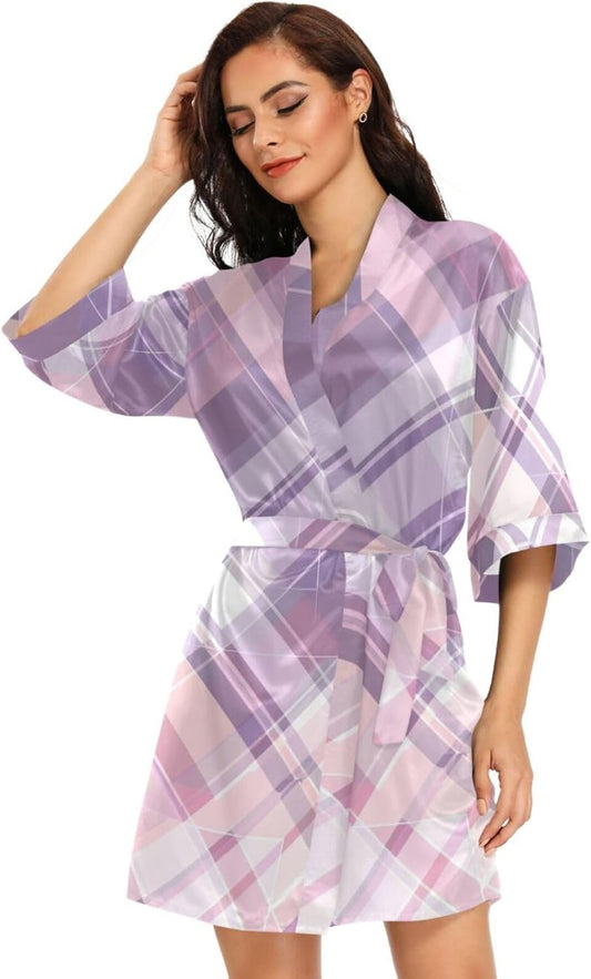 Pastel Pink and Purple Tartan Plaid Womans Bathrobes Warm Woman V Neck Nightshirts for Hospital