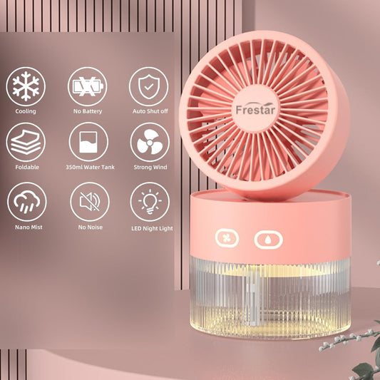 Personal Cooling Fan and Small Air Humidifier 350ml with LED Night Light, Desktop USB Charging 3 in 1 for Office and Small Room, 3 Speed, Auto Shut Off, No Battery (Pink)