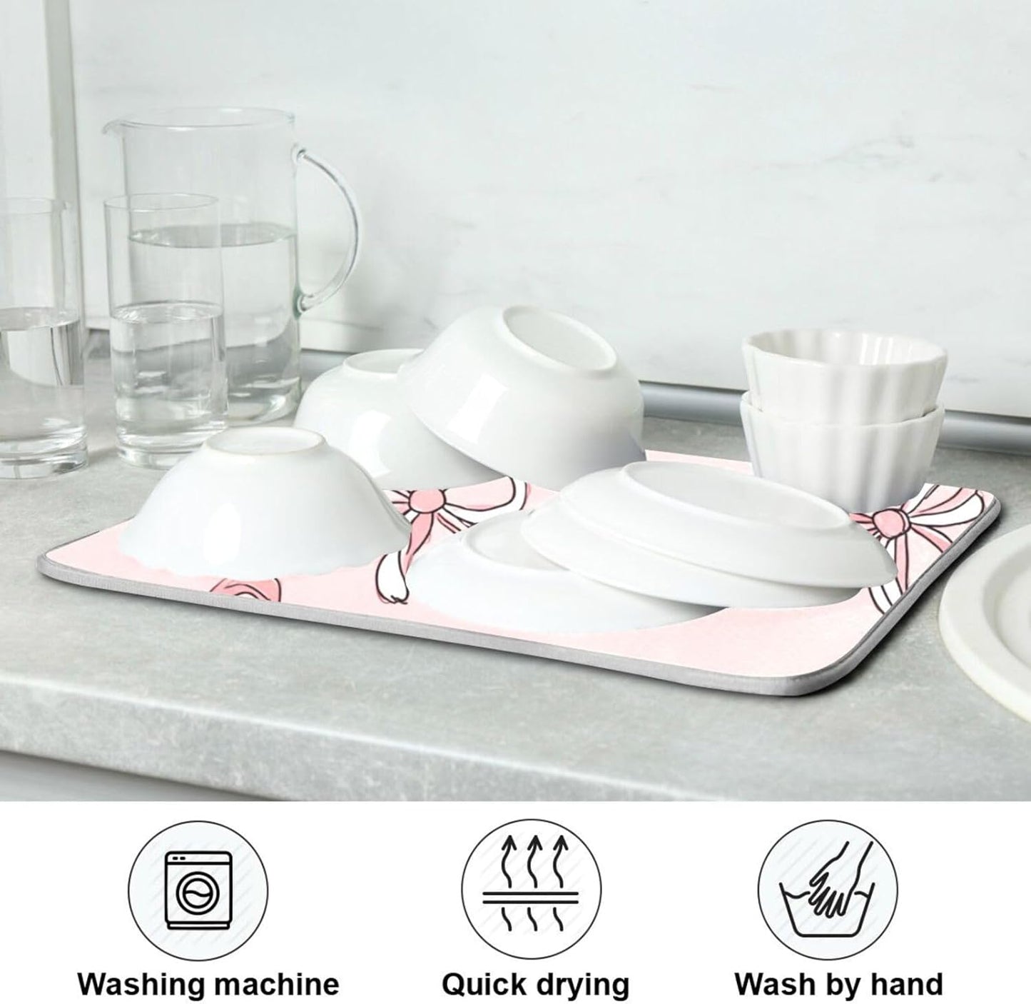 Boccsty Pink Bows Light Pink Cute Dish Drying Mat for Counter Drying Kitchen Mats Coffee Bar Mats for Countertops Dishes Utensils Sinks 18 x 24 IN