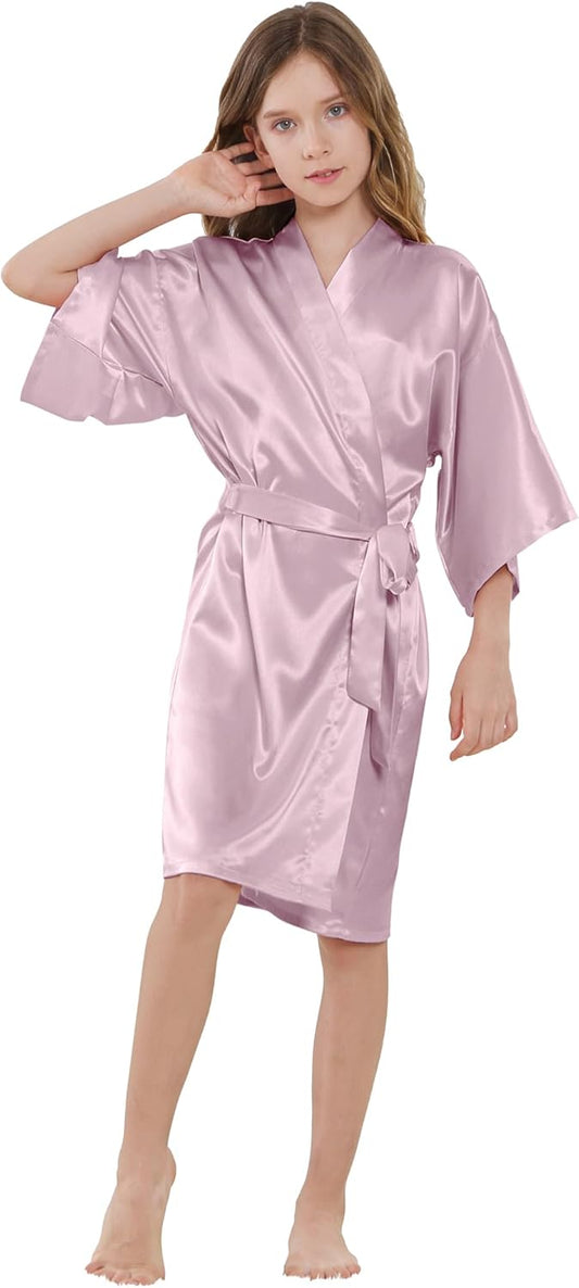 Girl's Kid's Silky Satin Solid Color Short Kimono Robe for Wedding Birthday Party Spa