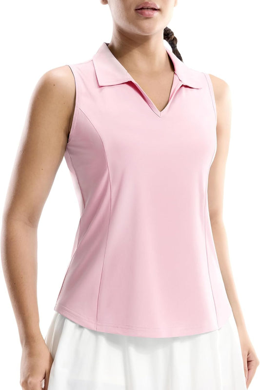 MIER Women's Sleeveless Golf Polo Shirts, Dry Fit V Neck Collared Tank Tops, Tennis Athletic UPF 50+ Shirt for Workout Casual