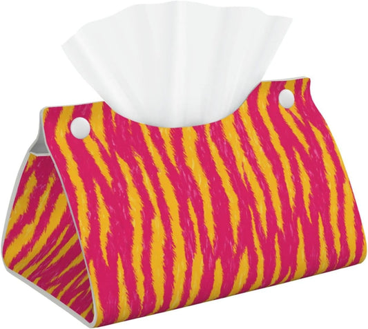 Neon Pink and Yellow Tiger Stripe Pattern Tissue Box Cover Rectangle Pu Leather Tissue Box Holder for Car Bathroom Bedroom Desk Tabletop Decor