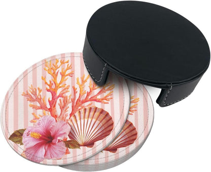 Light Pink Scallop Shell Hibiscus Flower Premium Leather Coasters, Set of 6 with Holder, Stylish Beverage Coasters for Kitchen Coffee Bar