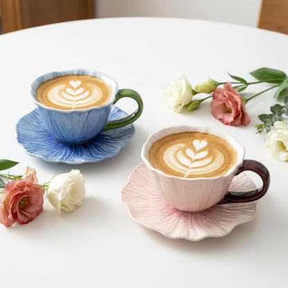 Ceramic Coffee Mug with Saucer Set, 10 Oz Flower Coffee Mug Tea Cup Set for Women, Floral Coffee Latte Mug, Porcelain Fancy Teaware for Birthday Wedding Mother's Day Gift Party (Pink)