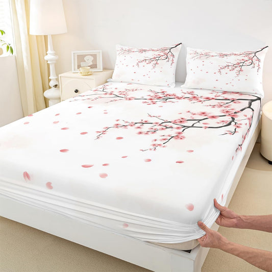 Manfei Peach Blossom Fitted Sheet Queen Size,Pink Flower Branches Bedding Set 3pcs,Watercolor Floral Petal Bed Sheets with 2 Pillowcases,Kids Boys Girls Room Decor,Soft Bedding(No Flat)