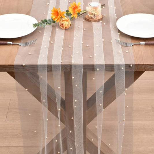 Light Peach Pearl Table Runner Boho Rustic Tulle Lace Dining Baby Shower Wedding Arch Decor Veil Dessert Holiday Centerpiece Table Decor 3pcs