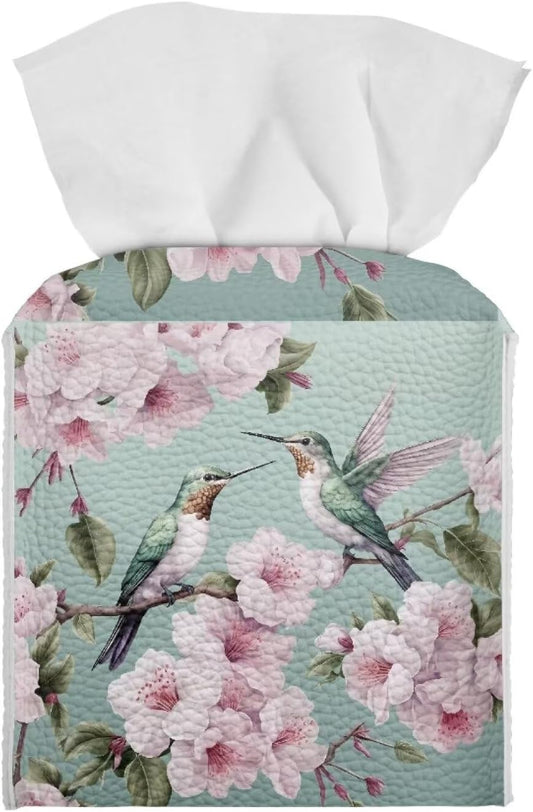 Lotusorchid Peach Blossom Tissue Box Cover, Hummingbird Print, Pink PU Leather, Square, Decorative