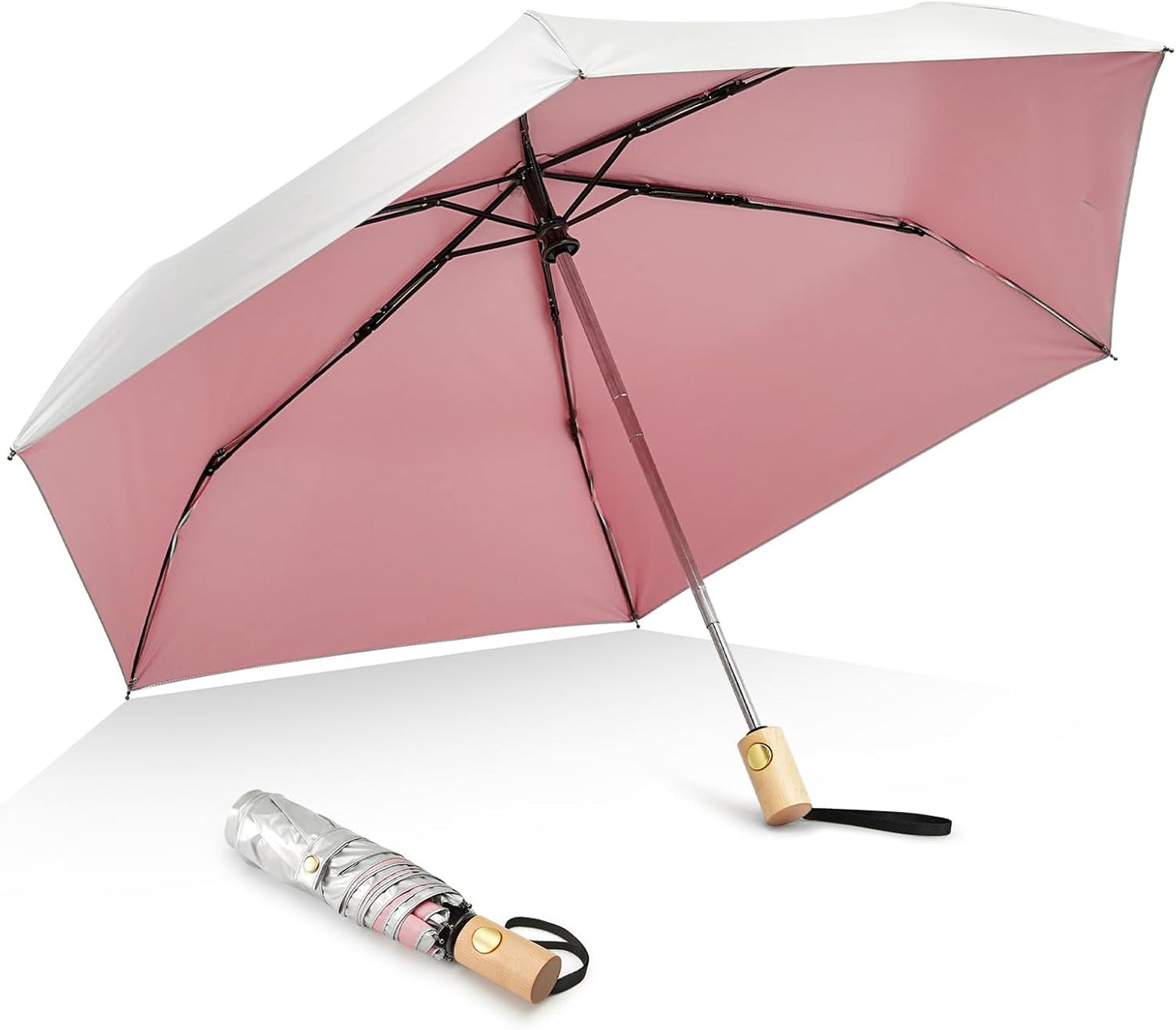 G4Free UPF 50+ UV Protection Travel Umbrella with Wooden Handle, 42 Inch Lightweight Sun Rain Folding Umbrellas Auto Open Close (Pink)