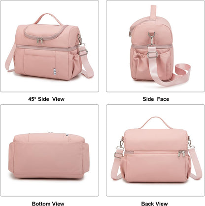 NOL Natural Organic Lifestyle Adult Lunch Box Insulated Lunch Bag Large Dual Compartment Lunch Bag Coolers Lightweight Nylon Waterproof Lunch Box for Work, Picnic, Travel, Outdoors, Pink