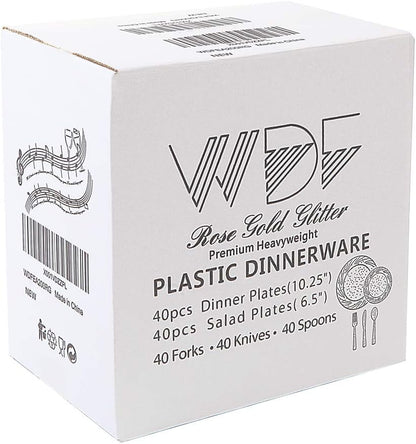 WDF Rose Gold Pink Plastic Plates with Pink Plastic Silverware include 40 Dinner & Salad Plates, 40Forks, 40 Knives, 40 Spoons for Party Baby Shower Wedding Spring