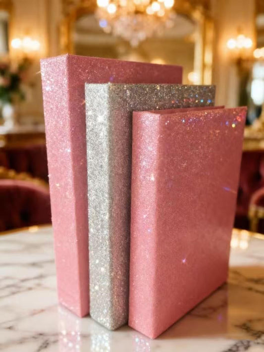 Pink & Silver Glitter Decorative Faux Books – Glam Bling Coffee Table Book Stack – Luxury Fake Books for Shelf Decor, Home Staging, Wedding & Boutique Display (Set of 3)