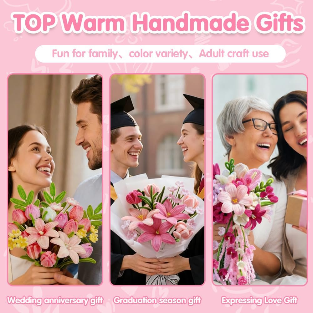 985pcs Multi-Pink Gradient Pipe Cleaner Flower Making Kit–8 Pink Tones Chenille Stems with Flower Stems, Stamens etc, Complete DIY Flower Making Set for Art Projects, Party Decorations & Gift Wrapping