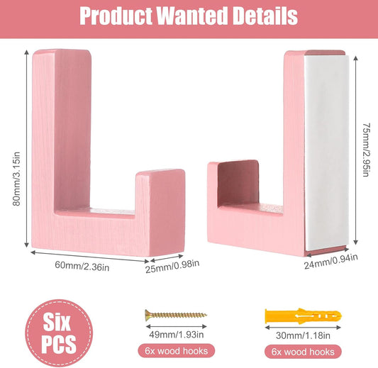 Teenyyou 6 Pack Cute Kids Coat Wall Hooks Wooden Adhesive Decorative Colorful Wall Mounted Hangers Backpack Hooks for Hanging Keys Towel Clothes Bathroom Organization(Pink,6 Pcs)