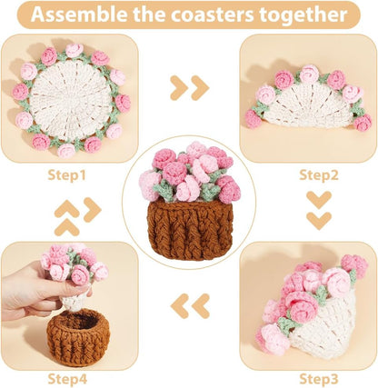 Handmade Flower Crochet Coaster Set Wool Yarn Hot Pads with Flower Basket Hand-Crocheted Rose Coaster Soft Decorative Drink Coasters for Coffee Tabletop Protection Home Decor Pearl Pink
