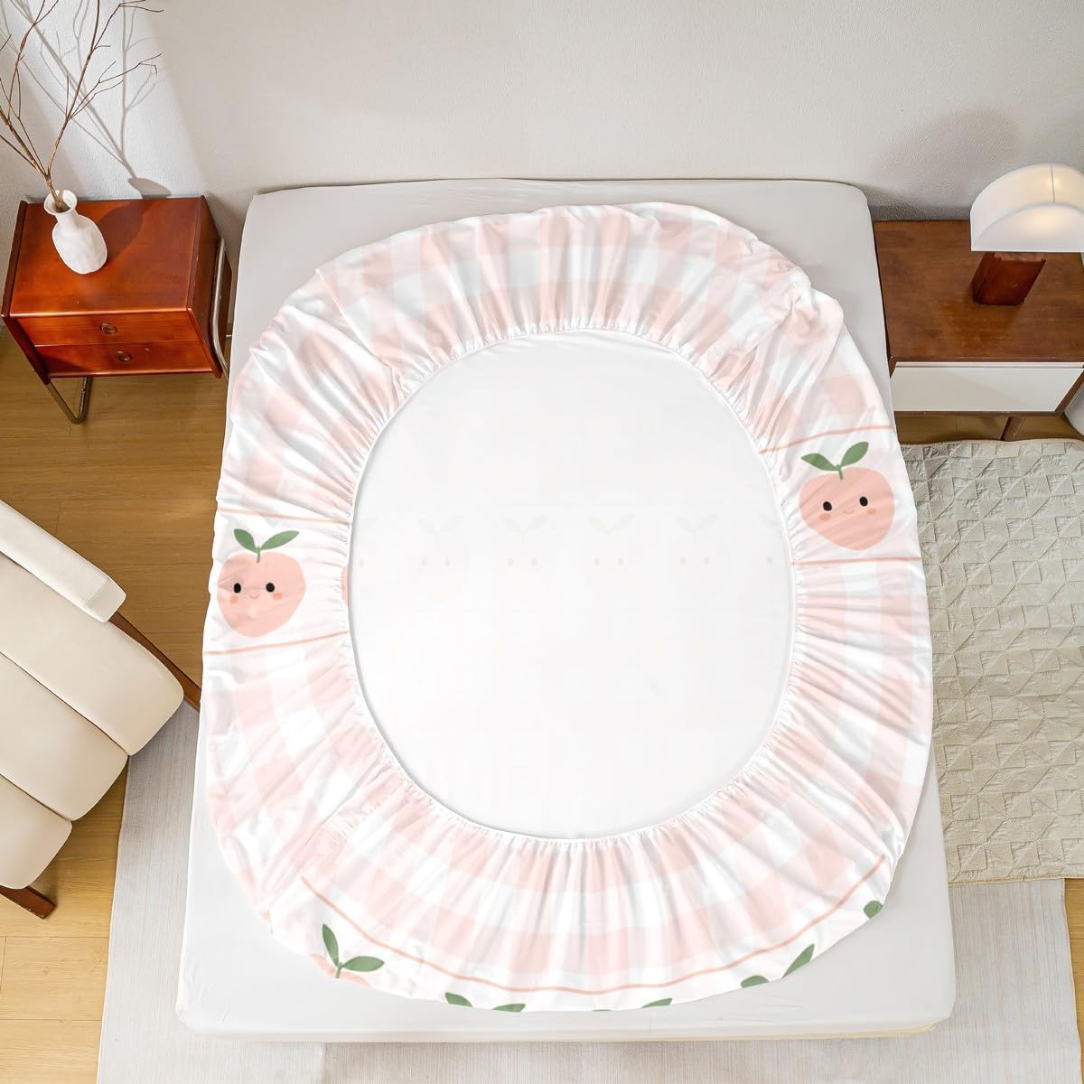 Homewish Peach Print Bed Sheets Full Size,Pink White Checkered Bedding Set 4Pcs for Kids Girls Boys Teens Room Decor,Cartoon Fruit Fitted Sheets Sweet Kawaii Top Flat Sheet,2 Pillowcases