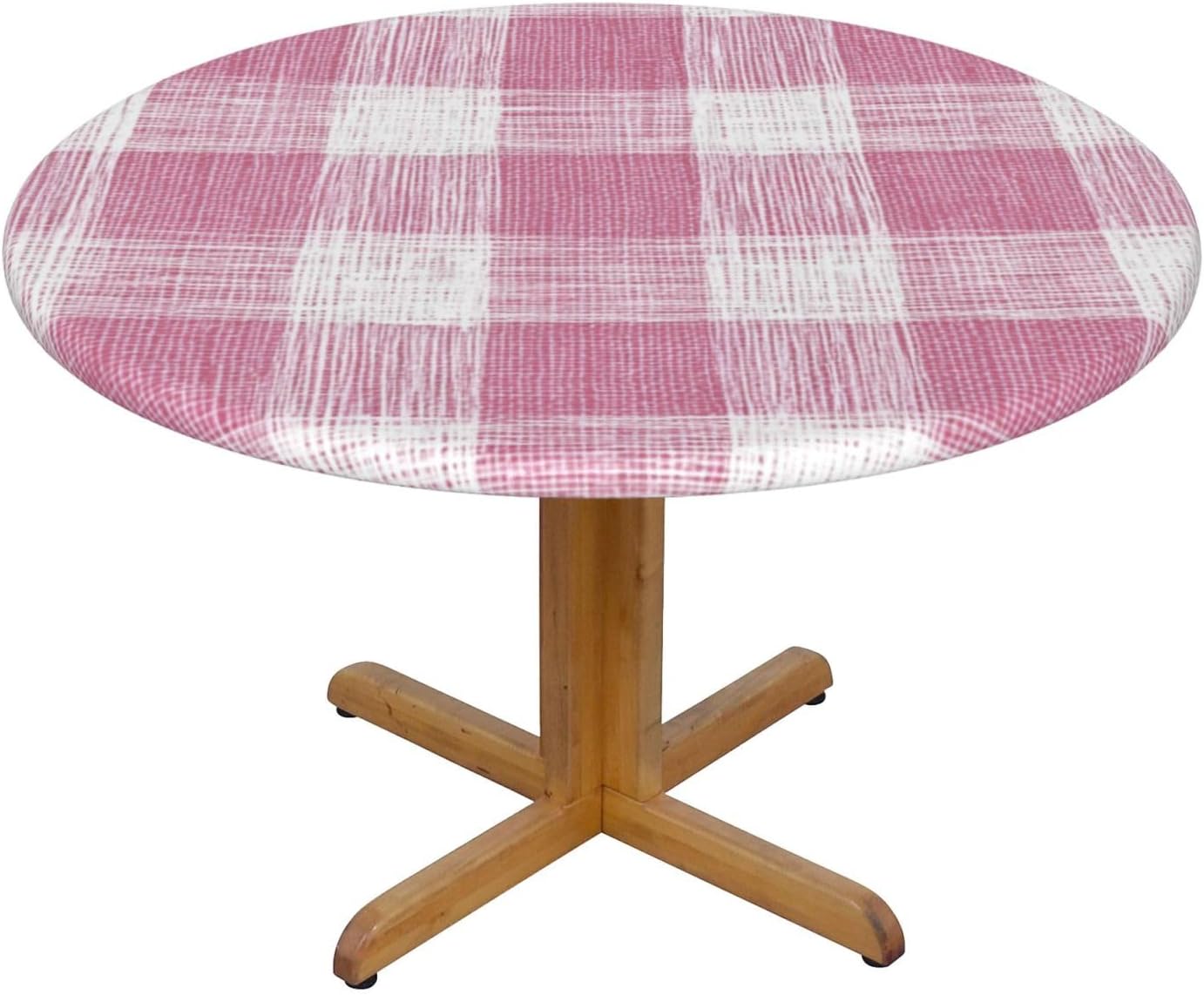 Hand-Drawn Soft Pink and White Check Pattern Round Tablecloth Fitted Table Cover Washable Tablecloths for Kitchen Dining Party 40-44 Inch