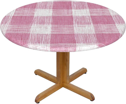 Hand-Drawn Soft Pink and White Check Pattern Round Tablecloth Fitted Table Cover Washable Tablecloths for Kitchen Dining Party 40-44 Inch