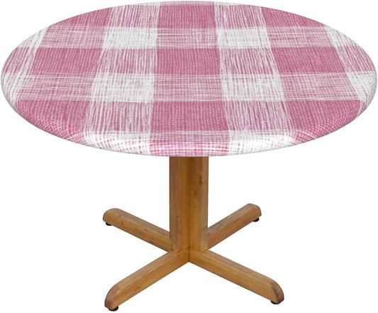 Hand-Drawn Soft Pink and White Check Pattern Round Tablecloth Fitted Table Cover Washable Tablecloths for Kitchen Dining Party 40-44 Inch
