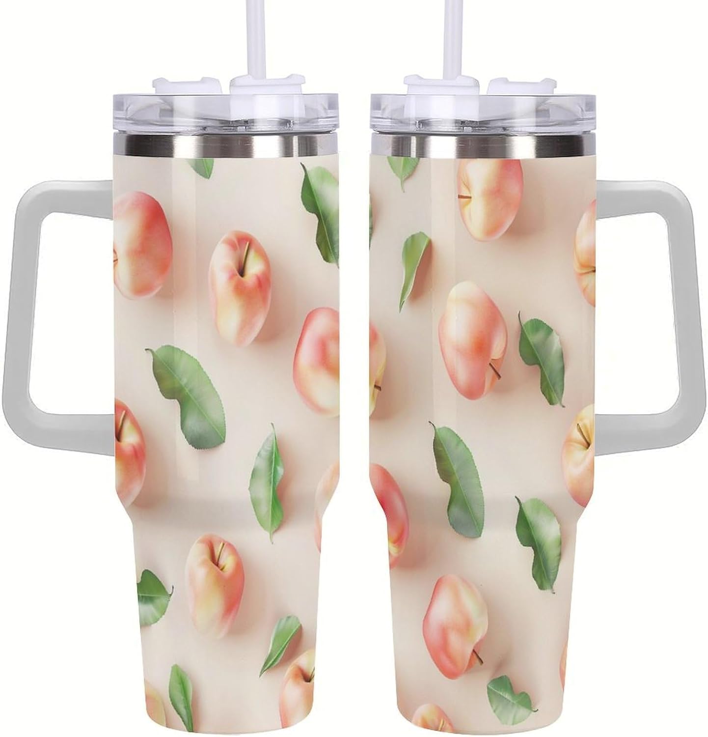 40oz Tumbler with Handle, Peaches And Green Leaves Pattern Printed Stainless Steel Travel Mug, Insulated Car Cup with Straw, Keeps Drinks Hot & Cold, Personalized Gift for Women & Men