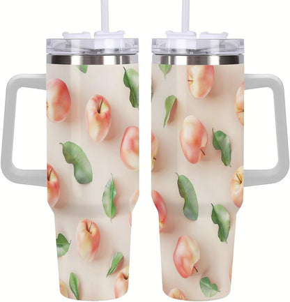 40oz Tumbler with Handle, Peaches And Green Leaves Pattern Printed Stainless Steel Travel Mug, Insulated Car Cup with Straw, Keeps Drinks Hot & Cold, Personalized Gift for Women & Men