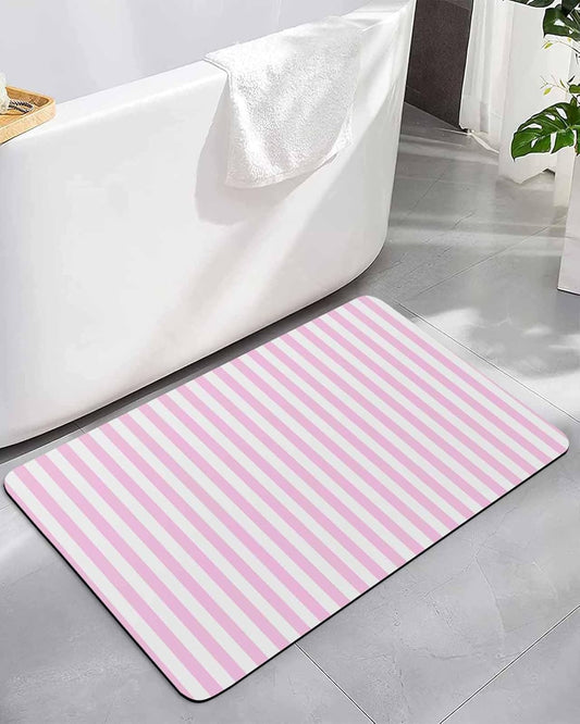 Pink White Stripe Bath Mat for Tub,Modern Minimalist Geometric Striped Non Slip Bathroom Floor Runner Rug Quick Dry & Absorbent Diatomaceous Earth Shower Sink Bedroom Kitchen Doormat 16"x24"
