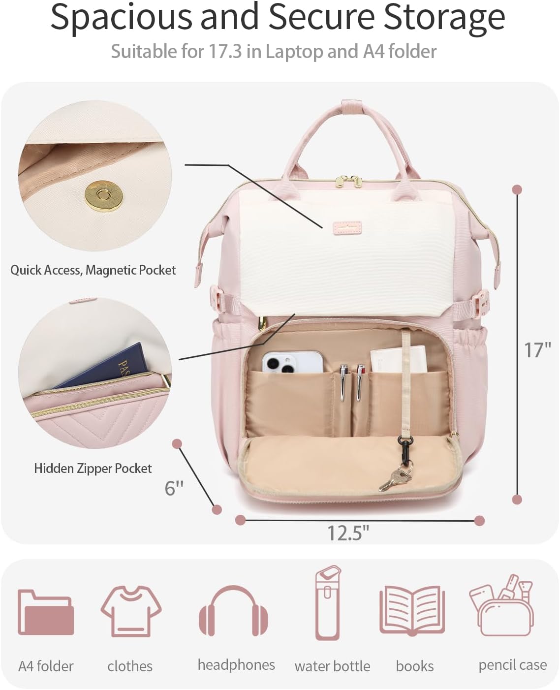 Large Bookbag for Women Laptop Backpack, Teacher Nurse Work Computer Bags with Cup Holder & USB Charger for Travel, School Bag College Back Pack for Girls, Beige Pink