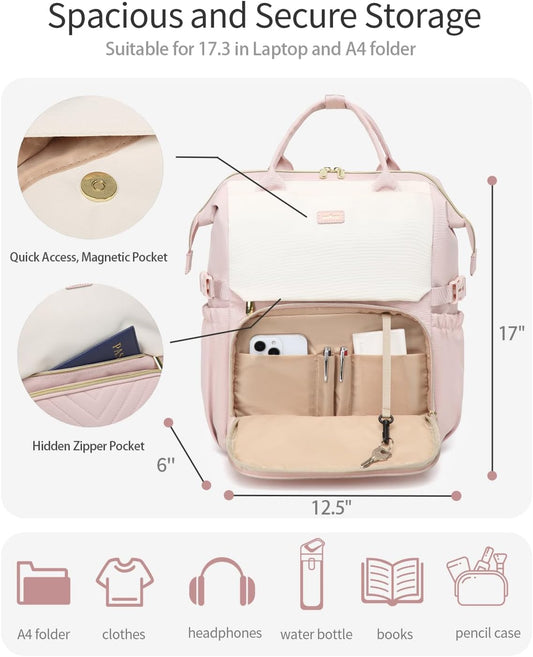 Large Bookbag for Women Laptop Backpack, Teacher Nurse Work Computer Bags with Cup Holder & USB Charger for Travel, School Bag College Back Pack for Girls, Beige Pink