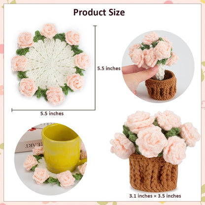 Blync Knitting Crochet Pink Rose Potted Plants, Flowers Soft Decorative Coasters Housewarming for Friends, Family and Lover, Handmade Flowers for Home Office Decoration, Car Decoration