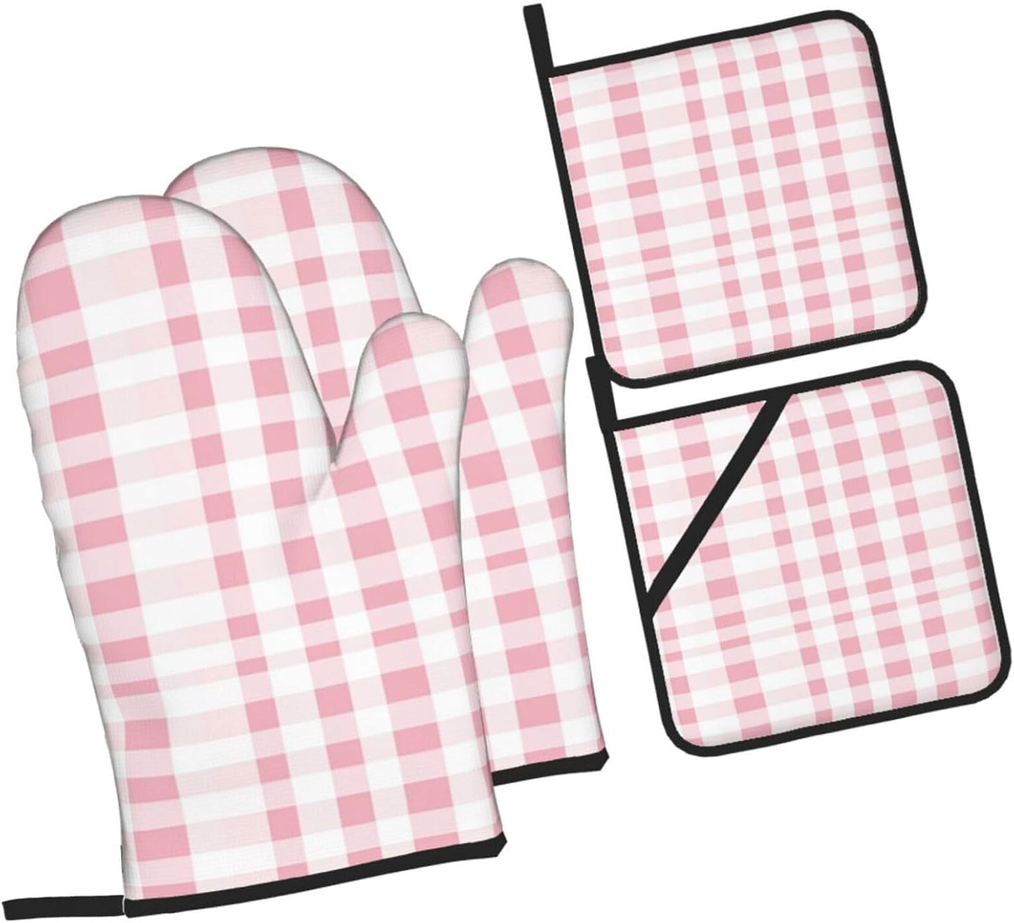Oven Mitts Pink Gingham Aesthetic Heat Resistant Silicone Oven Mitts Set of 4,Oven Gloves for Cooking BBQ, Suitable for Barbecues Baking Cooking Microwave Cooking Gift