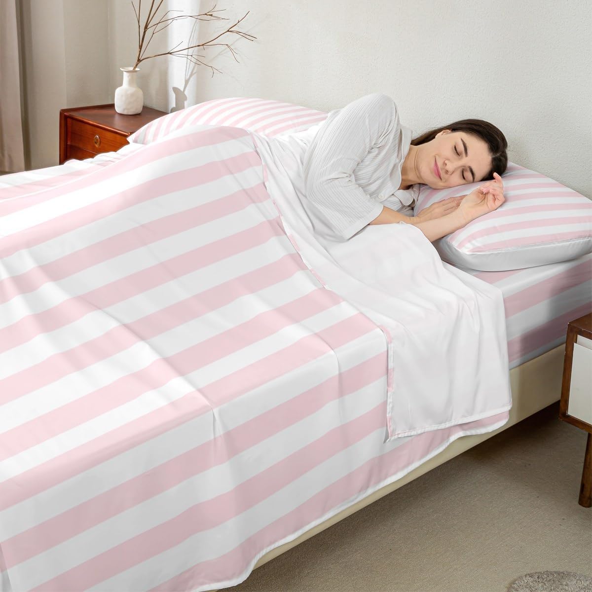 Feelyou White Pink Striped Bed Sheets Set Full Size Striped Deep Pocket Fitted Sheet Geometric Bedding Sets Basic Simple Soft Bed Set 4Pcs with 2 Pillow Cases