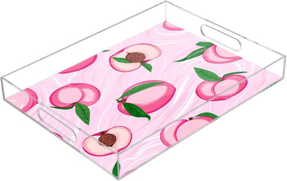 Pink Peaches Clear Acrylic Serving Tray Decorative Acrylic Trays for Breakfast, Bathroom Desk Organizer Storage Tray (15.7"x11.8") ﻿
