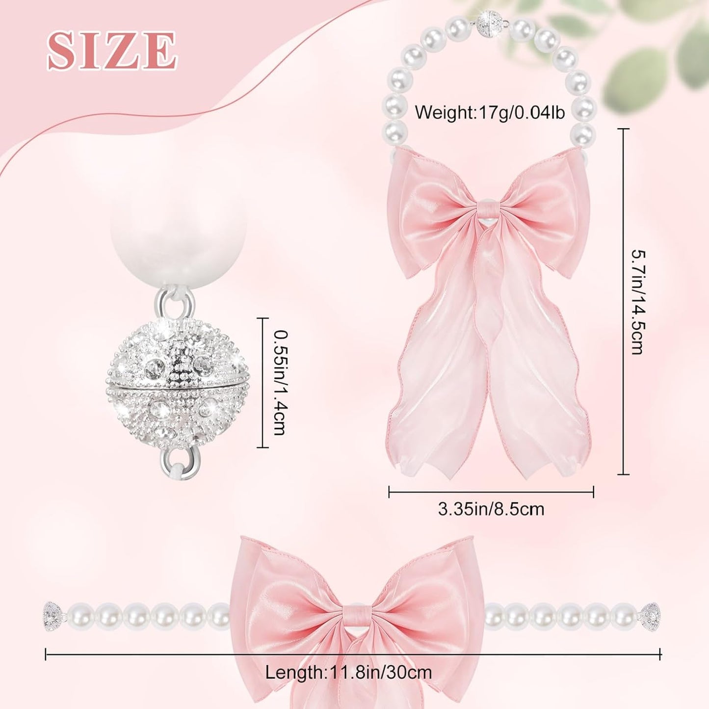 AULEEP 2 Pack Bow Magnetic Curtain Tiebacks, Pearl Beaded Fabric Curtain Holdbacks, No Drill Window Drape Ties, Elegant Bow Ribbon Decor for Bedroom Living Room Home Nursery, Pink