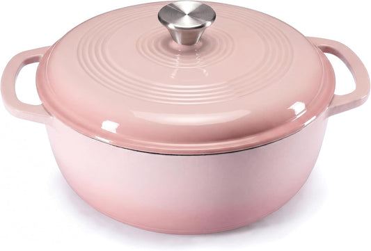 DUMOS 6 Quart Cast Iron Dutch Oven with Lid, Safe up to 500°F, Enamel Kitchen Pot with Round Dual Handles, Heavy Duty Cookware for Sourdough Bread, Braising, Stews, Roasting, Pink