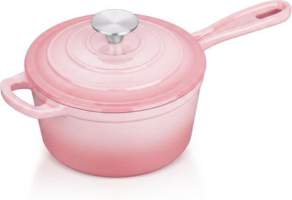 E-far Enameled Cast Iron Sauce Pan with Lid, 1 Quart Dutch Oven Saucepan, Mini Sauce Pot for Cooking, Boiling, Healthy & Non Toxic, Induction & Oven Safe, Pink