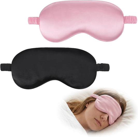 2 Pack Silk Sleep Mask Soft Blackout Eye Mask for Women Men Satin Blindfold with Elastic Strap Eye Sleep Shade Cover Travel Eyes Covers for Night Sleeping Travel Nap-Pink/Black