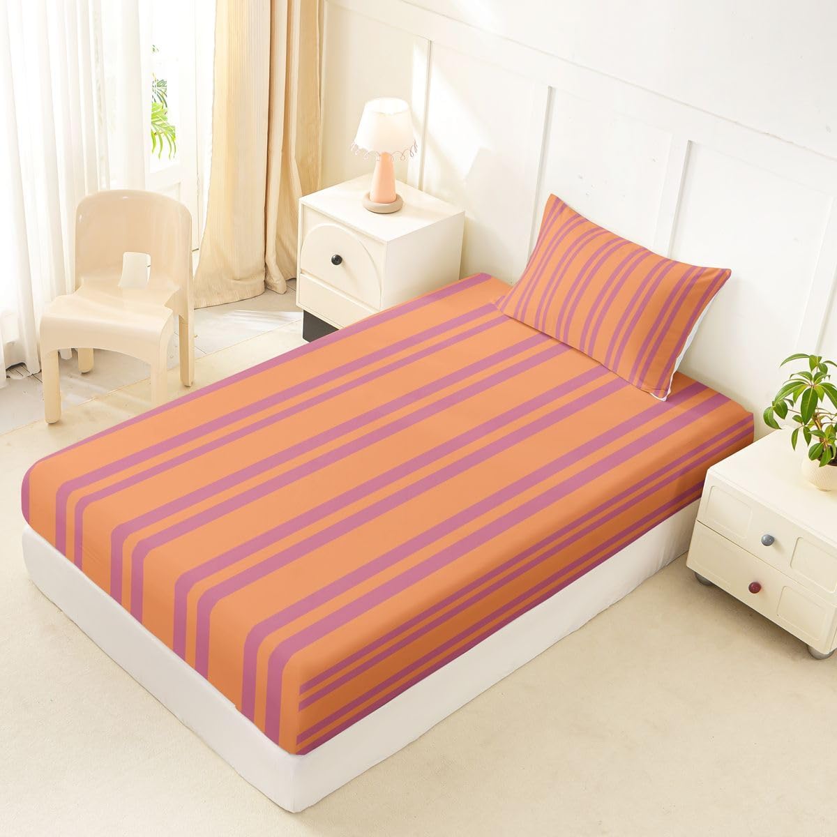 Erosebridal Peach Orange Modern Lines Fitted Sheet Twin Size for Kids Teens Adults | Geometric Abstract Striped Bed Sheets Retro Classic Vertical Stripe Bedding Set Minimalist Stripes Pattern Sheets