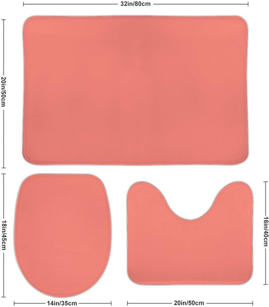 3 Pieces Bath Rug Sets, Coral Pink Solid Color Bathroom Mat Set Non Slip U Shaped Contour Rug & Toilet Lid Cover