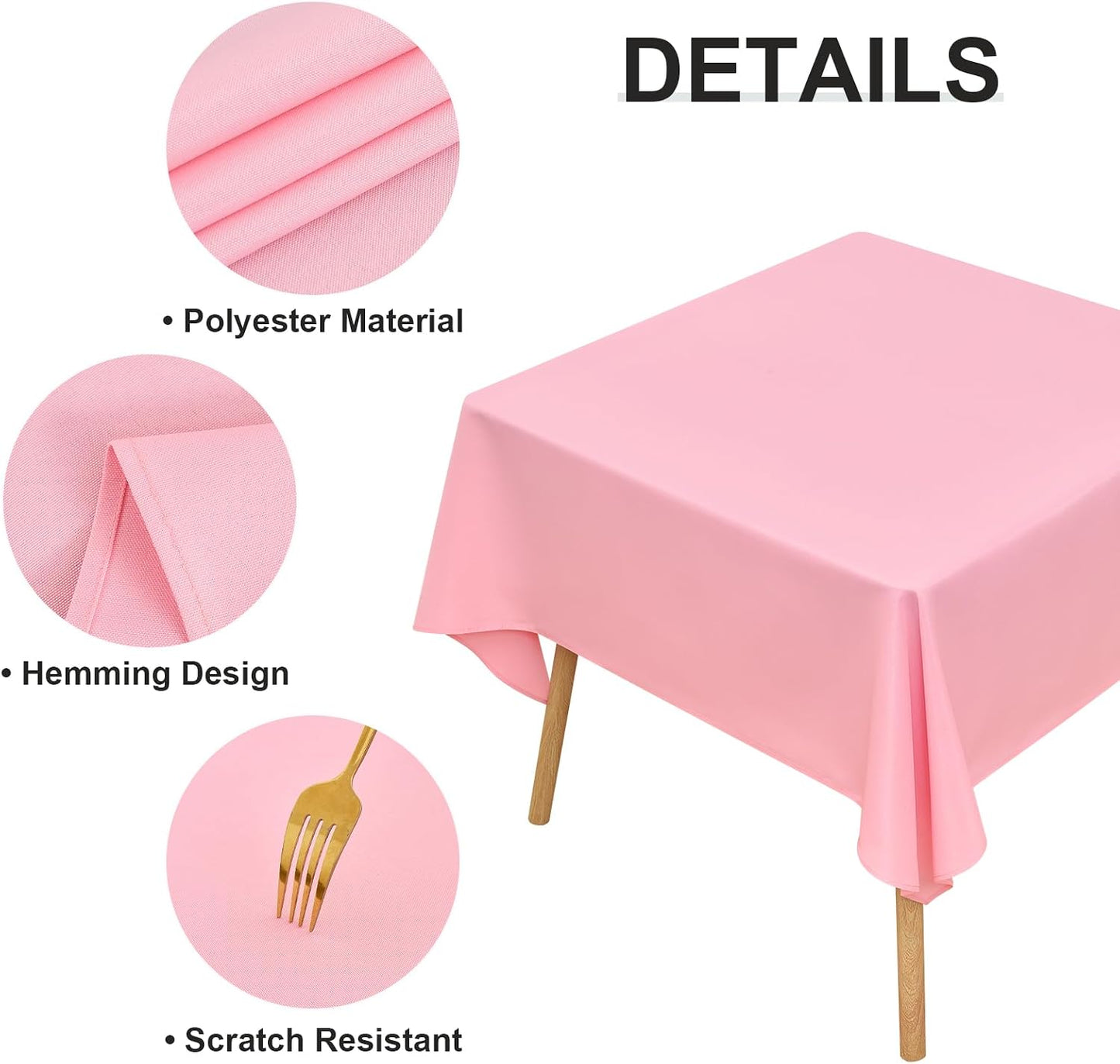 Wolkemer 2 Pack 72x72 Inch Square Tablecloth, Washable and Reusable Polyester Fabric Overlay Table Cloth, Solid Pink Table Cover for Dining, Wedding, Holiday Party Banquet Tabletop Decoration