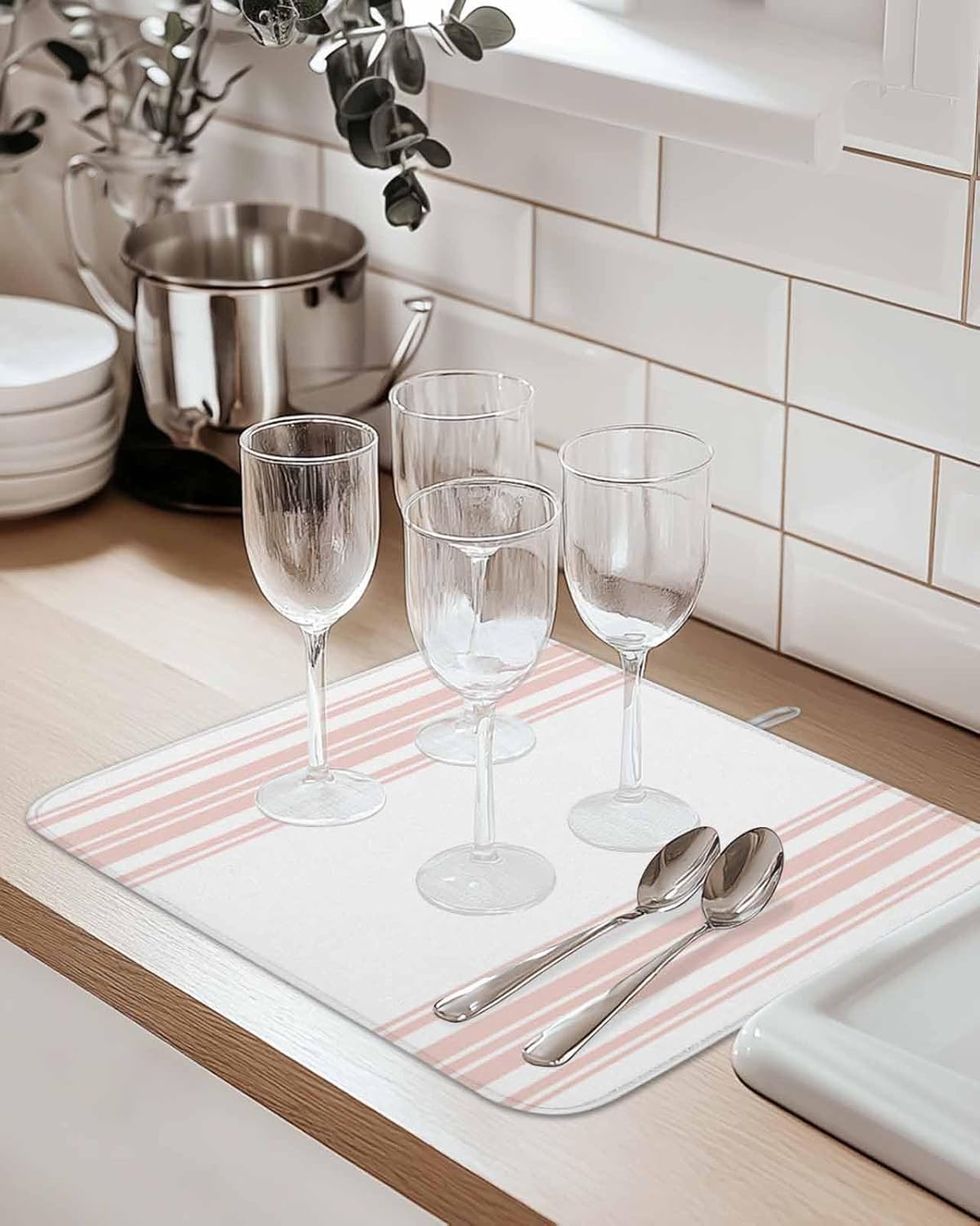 Dish Drying Mat Pink White Stripes Dish Drying Mats for Kitchen Counter Simple Striped Absorbent Microfiber Dish Drying Mat Dish Rack Mat with Hanging Loop, Quick Drying Dish Mat 18*24in