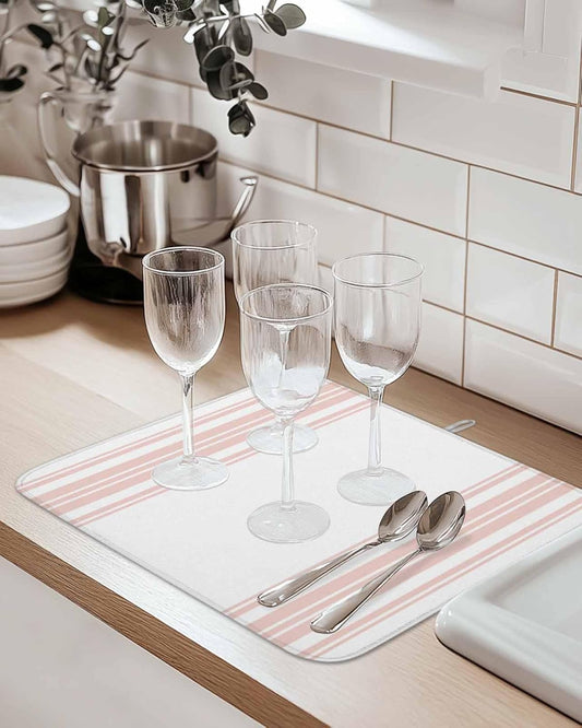 Dish Drying Mat Pink White Stripes Dish Drying Mats for Kitchen Counter Simple Striped Absorbent Microfiber Dish Drying Mat Dish Rack Mat with Hanging Loop, Quick Drying Dish Mat 18*24in