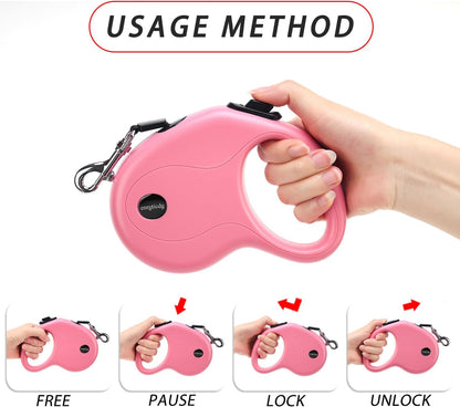 enrgticdg 16Ft Retractable Dog Leash,Light Weight Leash for Small to Medium Dogs/Cats Up to 50lbs,Stainless Steel Spring Strong Nylon Tape, Tangle Free, One-Handed Brake.(Pink-Black)