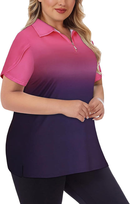 Tanst Sky Women's Plus Size Golf Polo Shirts Zip Up Short Sleeve Tops Loose Fit UPF 50+ Tennis Workout Apparel XL-5XL