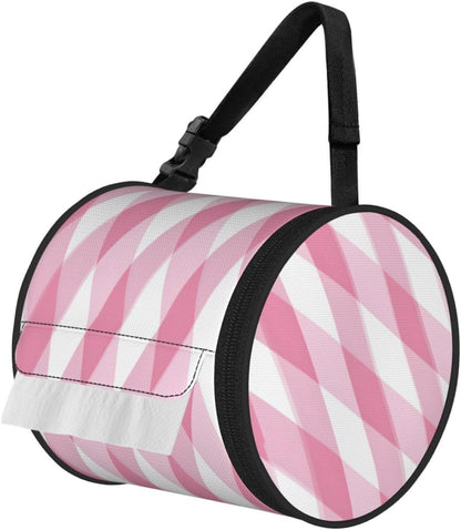 Oxford Cylinder Tissue Holder, Round Tissue Container Pink Plaid Pattern - 6.3''X6.3'' Portable Toilet Paper Roll Cover Tissue Box for Home Car Camping Office Travel