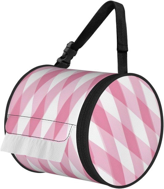 Oxford Cylinder Tissue Holder, Round Tissue Container Pink Plaid Pattern - 6.3''X6.3'' Portable Toilet Paper Roll Cover Tissue Box for Home Car Camping Office Travel