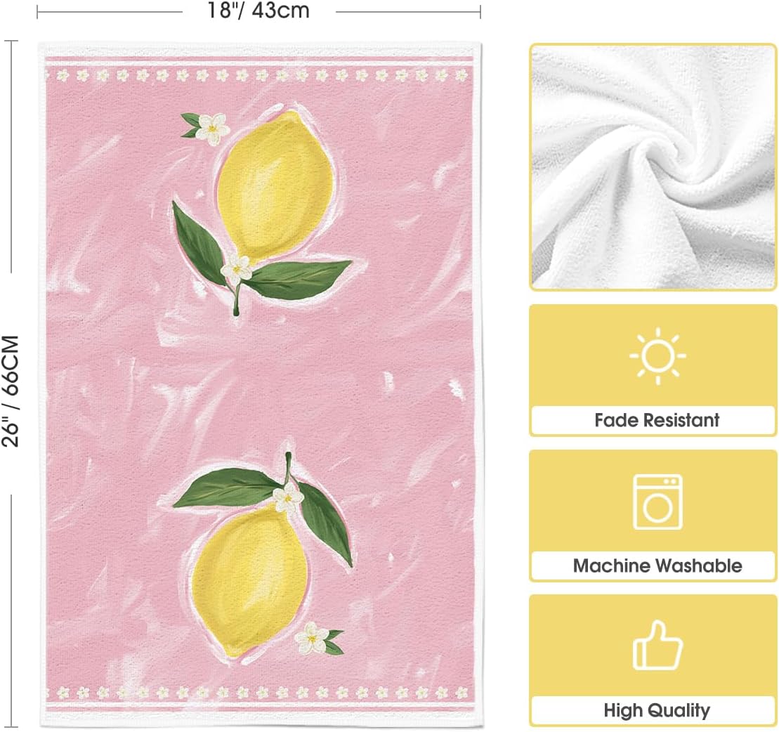 Artoid Mode Pink Lemons Leaves Flowers Summer Kitchen Towels Dish Towels, 18x26 Inch Farmhouse Spring Decoration Cleaning Set of 4