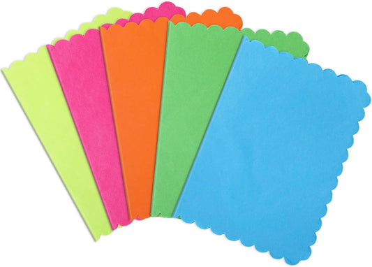 Whaline 100 Sheets Neon Scalloped Tissue Paper 5 Fluorescent Colors Wrapping Tissue Yellow Pink Orange Green Blue Decorative Art Paper for VBS Birthday Baby Shower Party DIY Crafts, 14 x 20 Inch