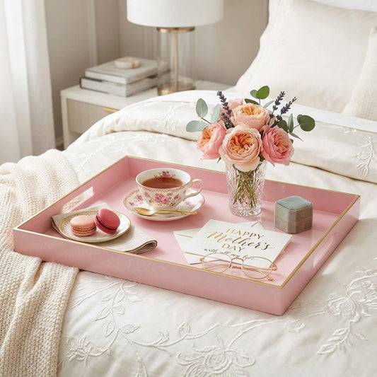 15.8" x 11.8" Pink Plastic Decorative Serving Tray with Gold Trim and Handles, Sturdy Rectangular Ottoman Tray for Living Room, Coffee Table, Vanity & Counter