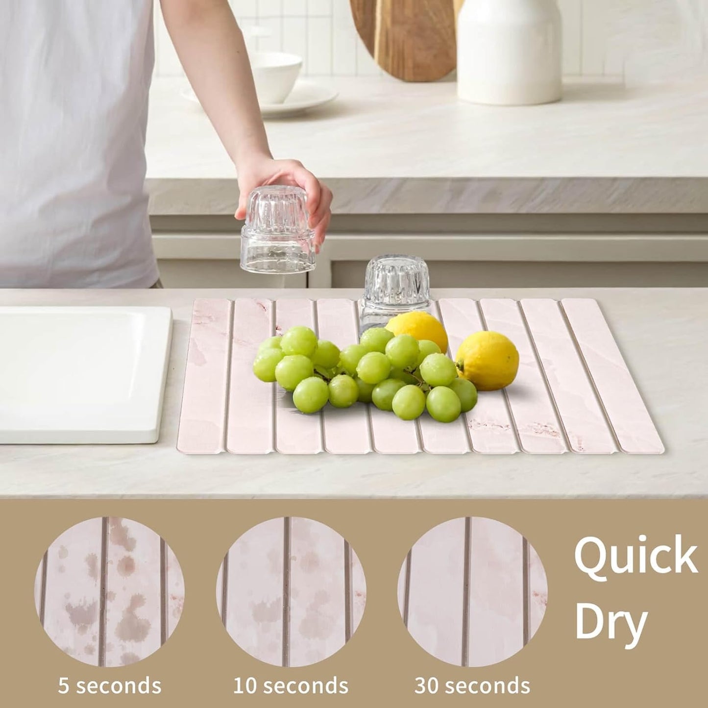 Stone Dish Drying Mat - Large Foldable Marbled Quick Drying Dish Mats With Stone Coasters Set of 4 Collapsible Ultra Absorbent Diatomaceous Earth Mats for Kitchen Counter Bathroom (Pink)